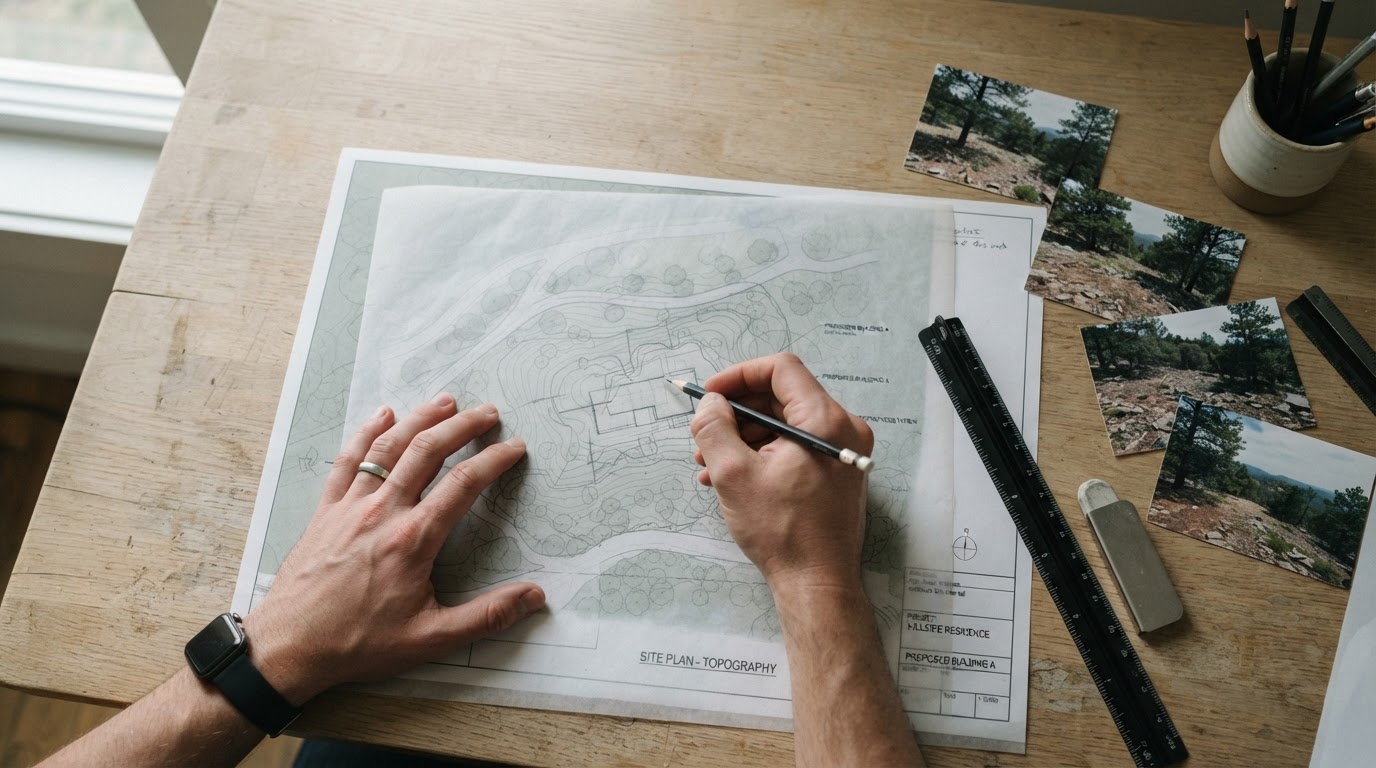 An architect's hands sketching over a topographic site plan