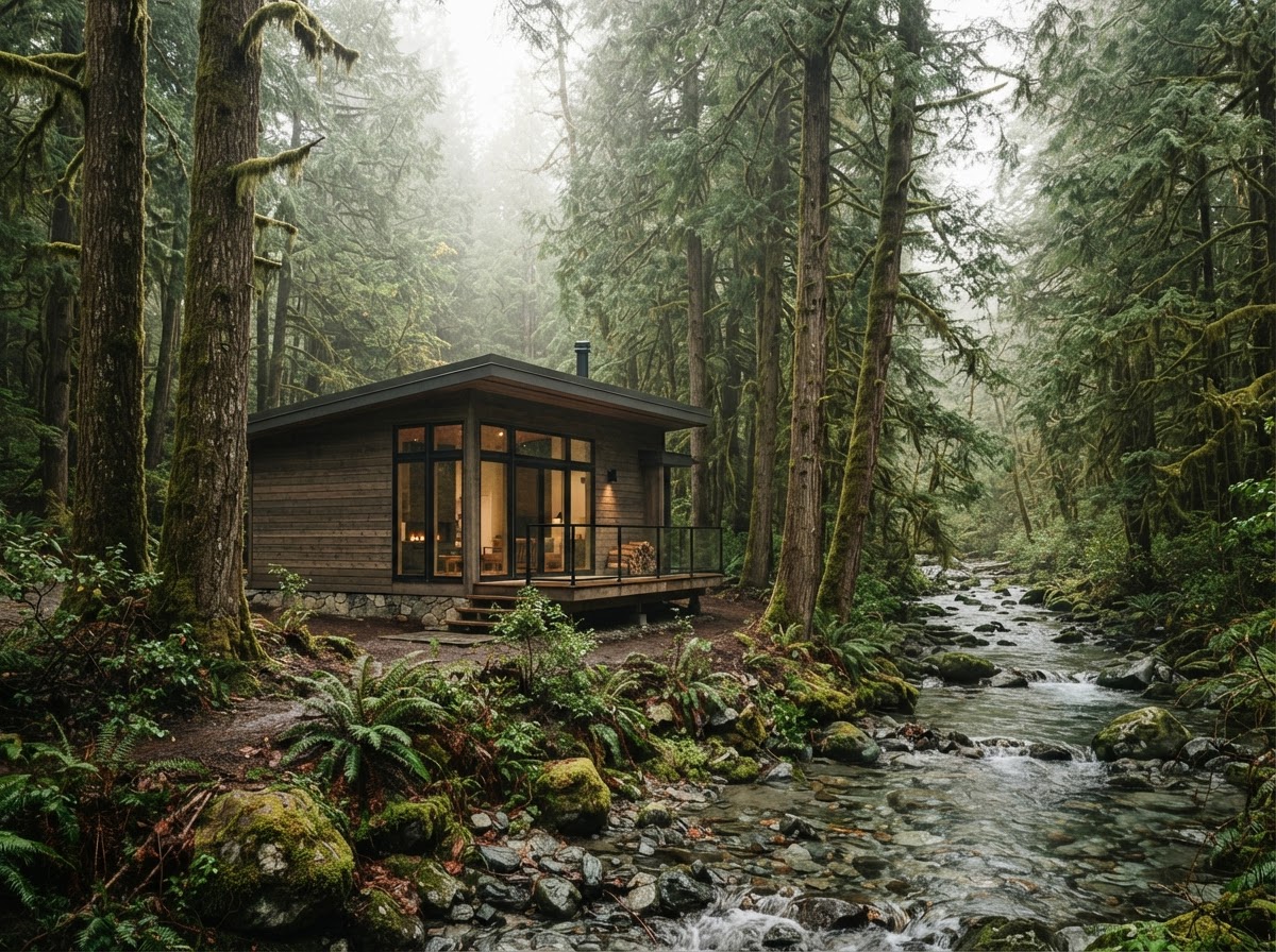 Fernwater Cabin among mossy firs beside a creek