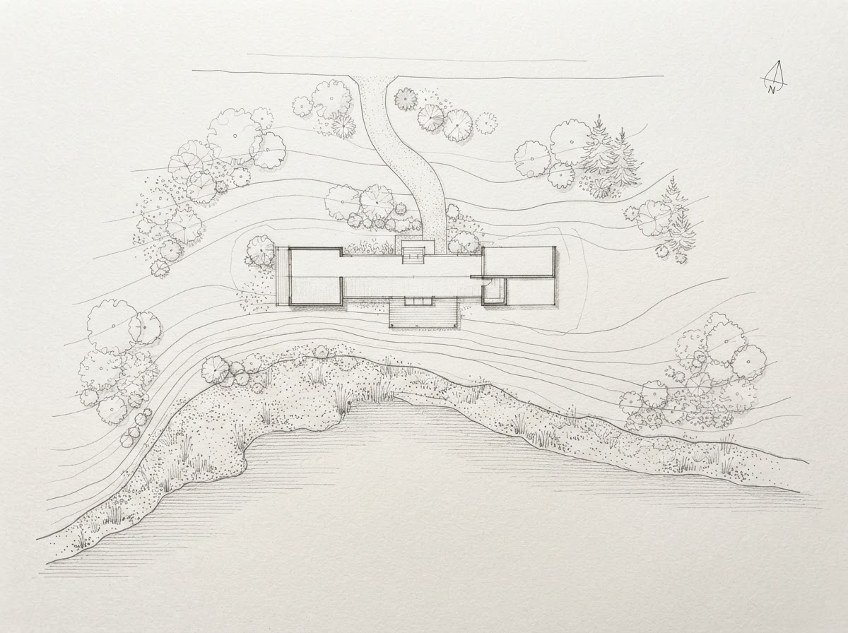 Plan drawing of Saltmarsh House on its site