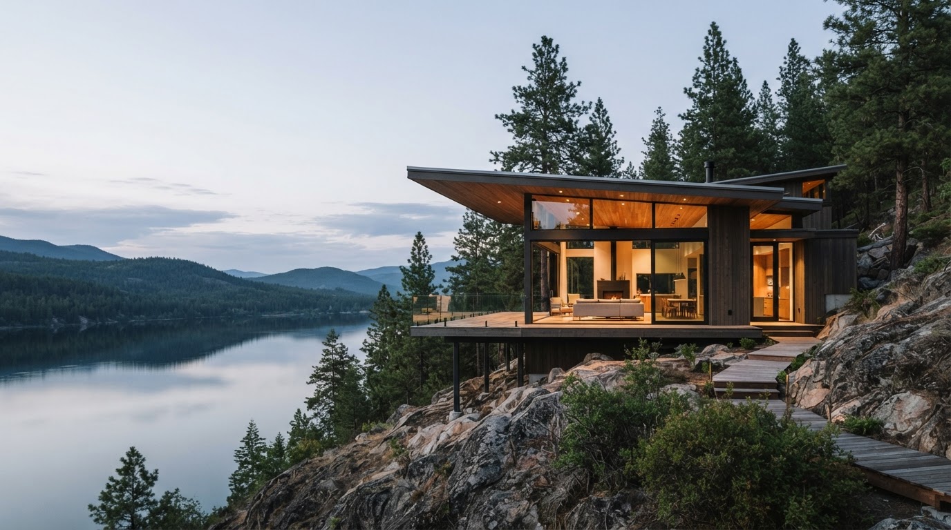 A timber-and-glass house cantilevered over a pine-covered hillside above a lake at dusk