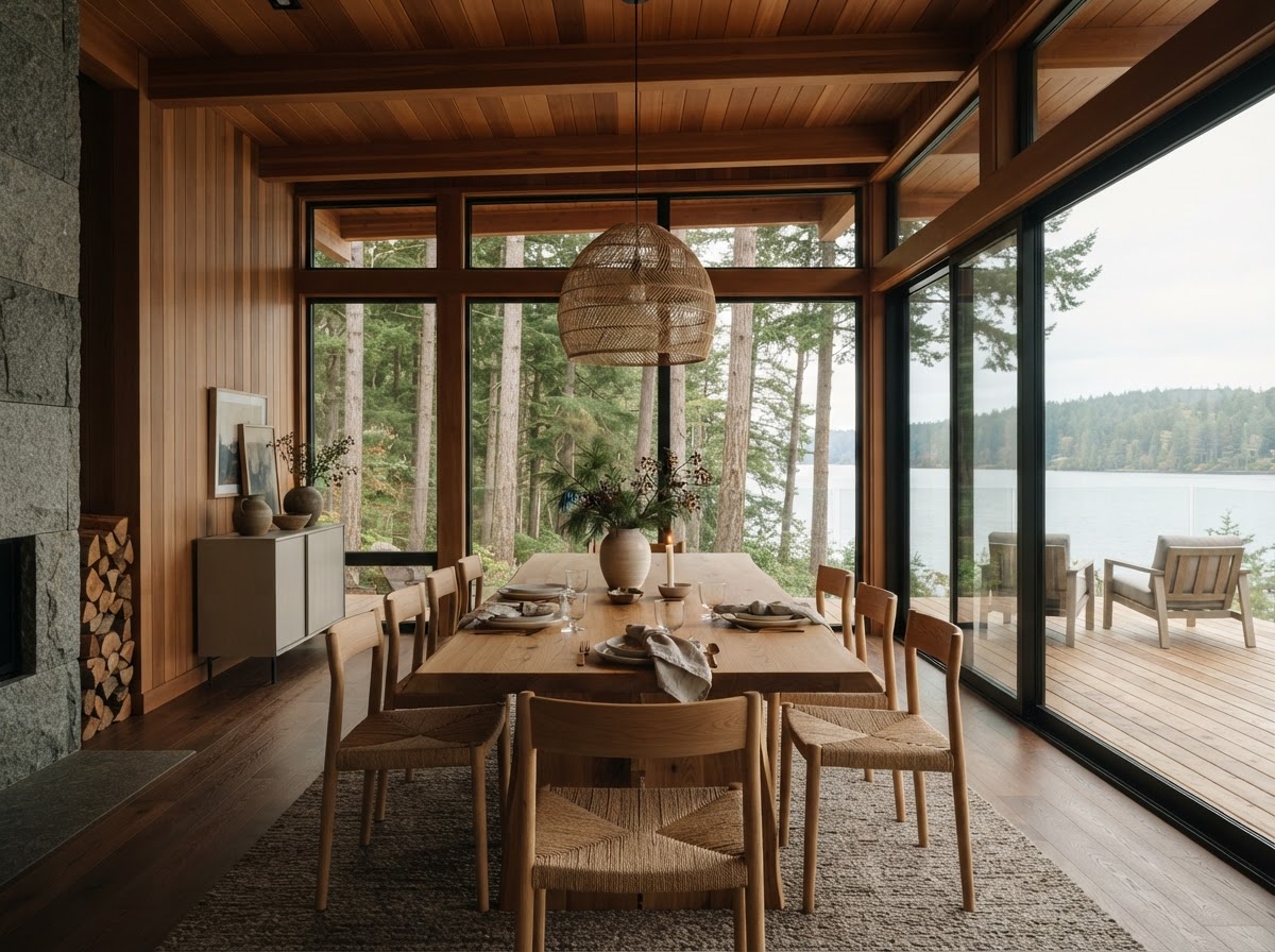 Dining room of Saltmarsh House opening to the water