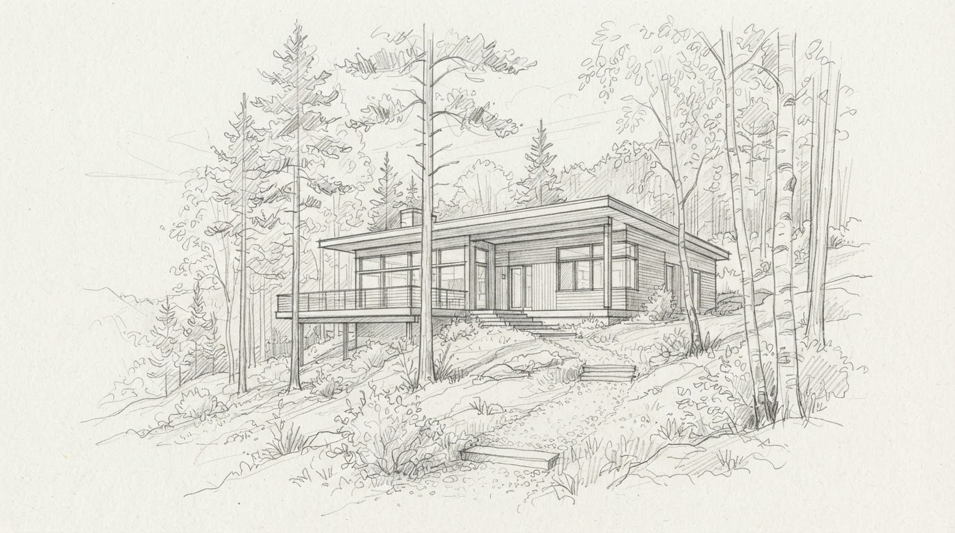 Pencil sketch of a low flat-roofed house set among pine trees
