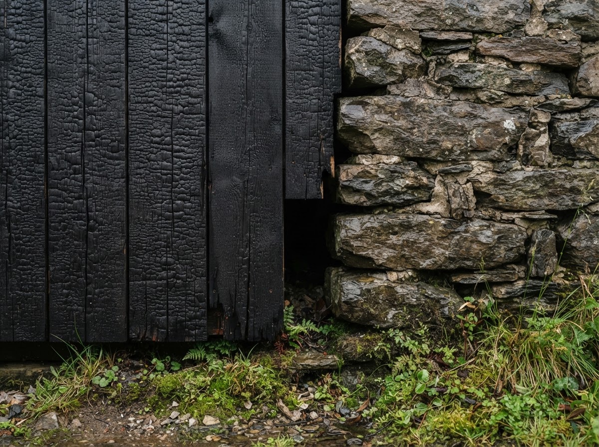 Close detail of charred timber cladding beside rough stone