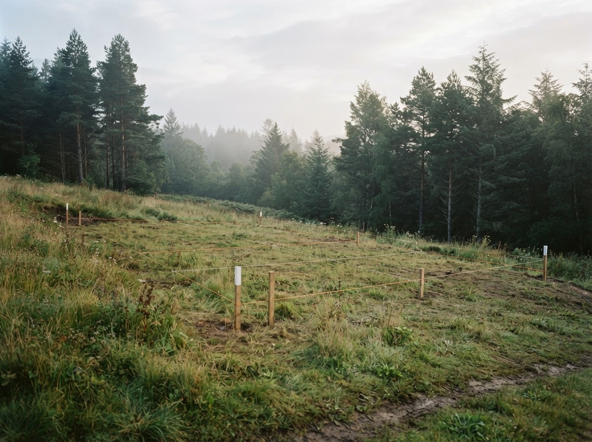 A grassy building site staked out beside tall pines in morning mist