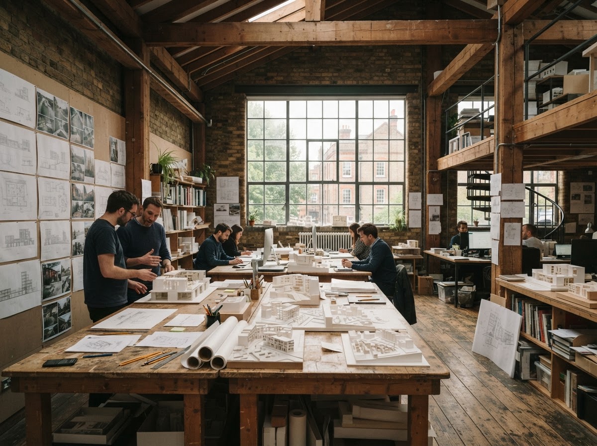 The Fieldwork studio interior with models and drawings on long tables