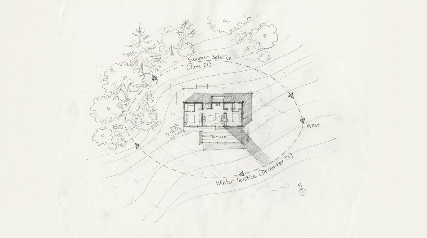 Sun-path study drawn over a hillside house plan
