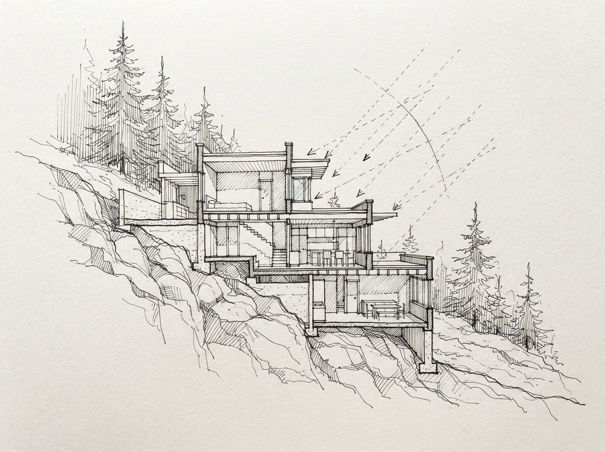 Hand-drawn section through Ridgeback House and its slope