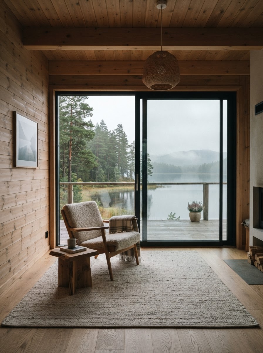 A living room corner looking out over a lake through tall glass