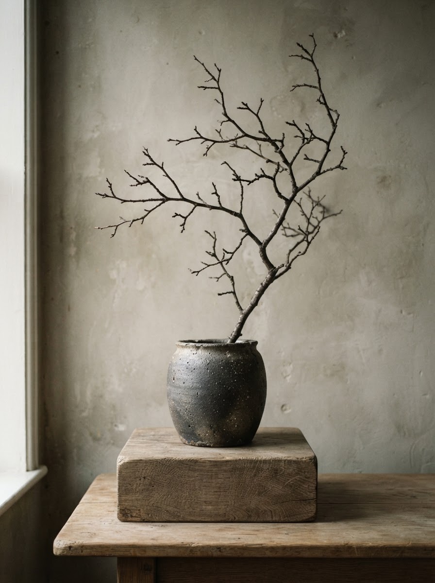 A branch in a stone vessel against a plaster wall