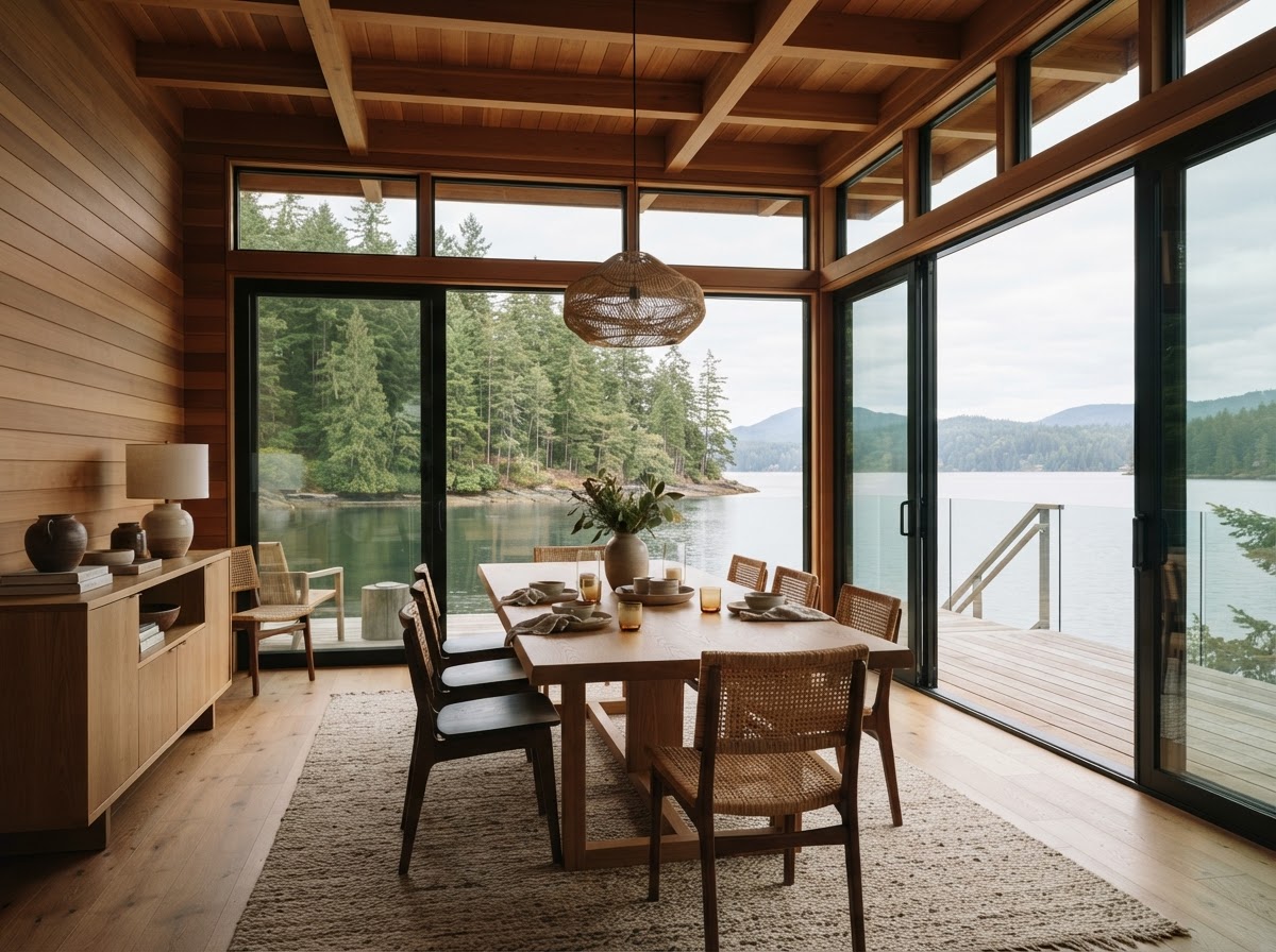 Dining room of Saltmarsh House opening to the water