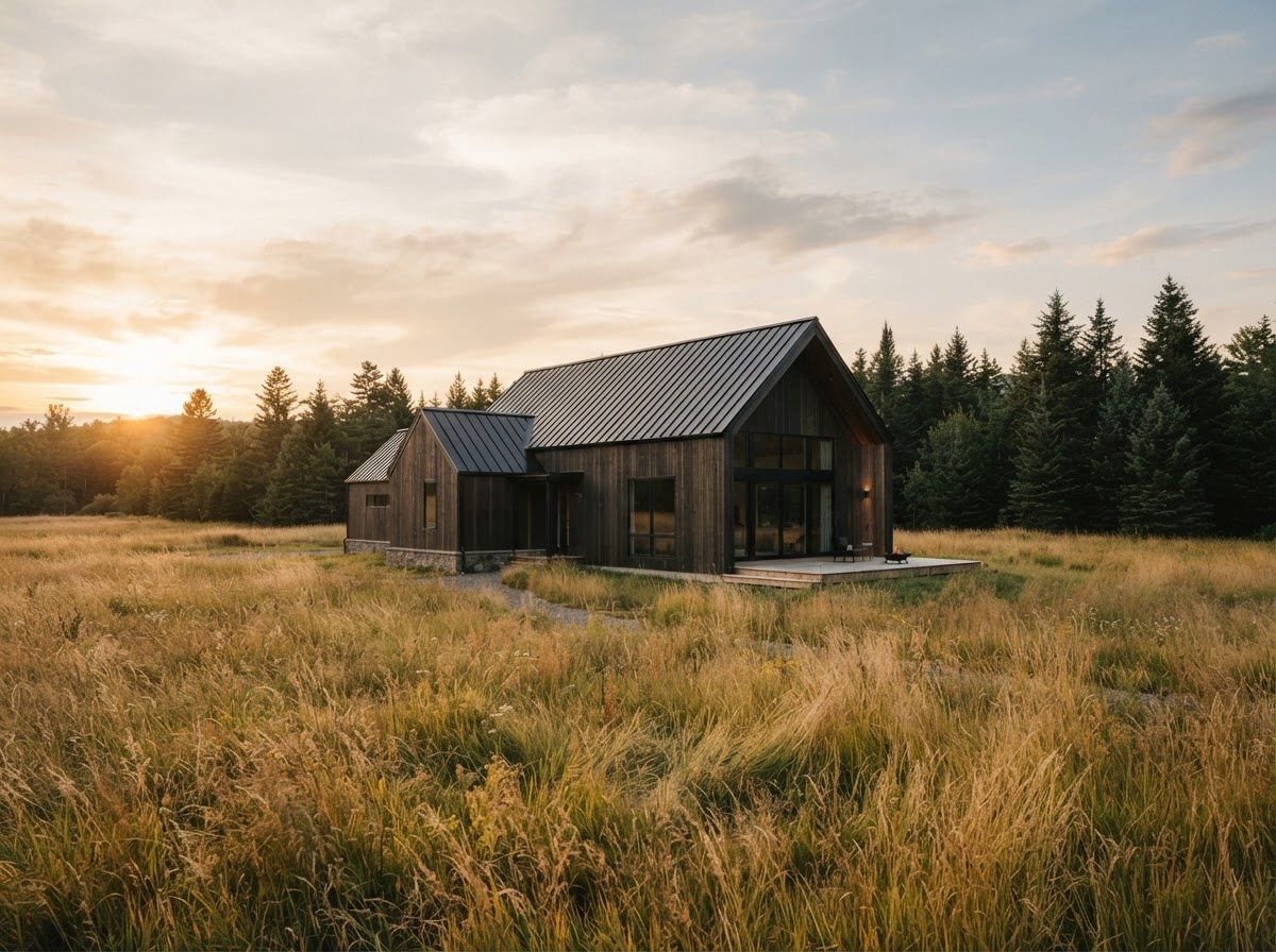 Long Meadow Barn, a dark gabled house in tall grass