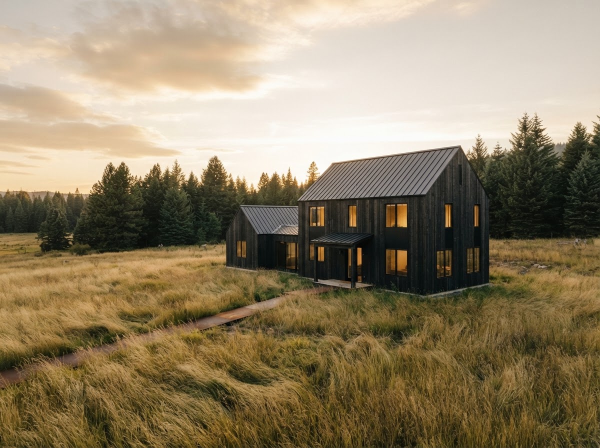 Long Meadow Barn, a dark gabled house in tall grass