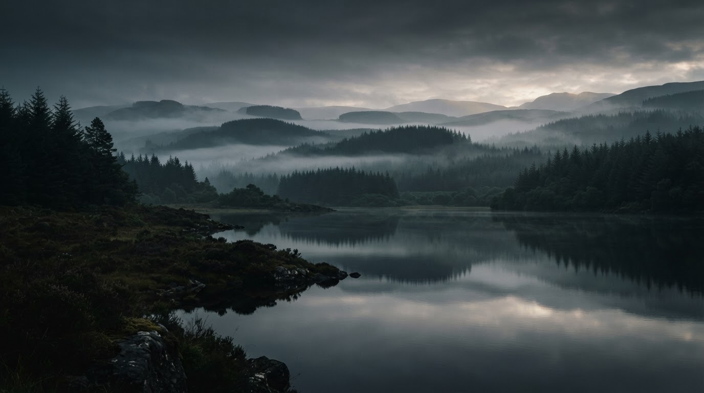 Misty forested hills and a lake at first light